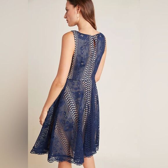 Anthropologie Georgia Navy Blue/ Marine Eyelet Overlay Lace Mini Dress - Picture 2 of 10